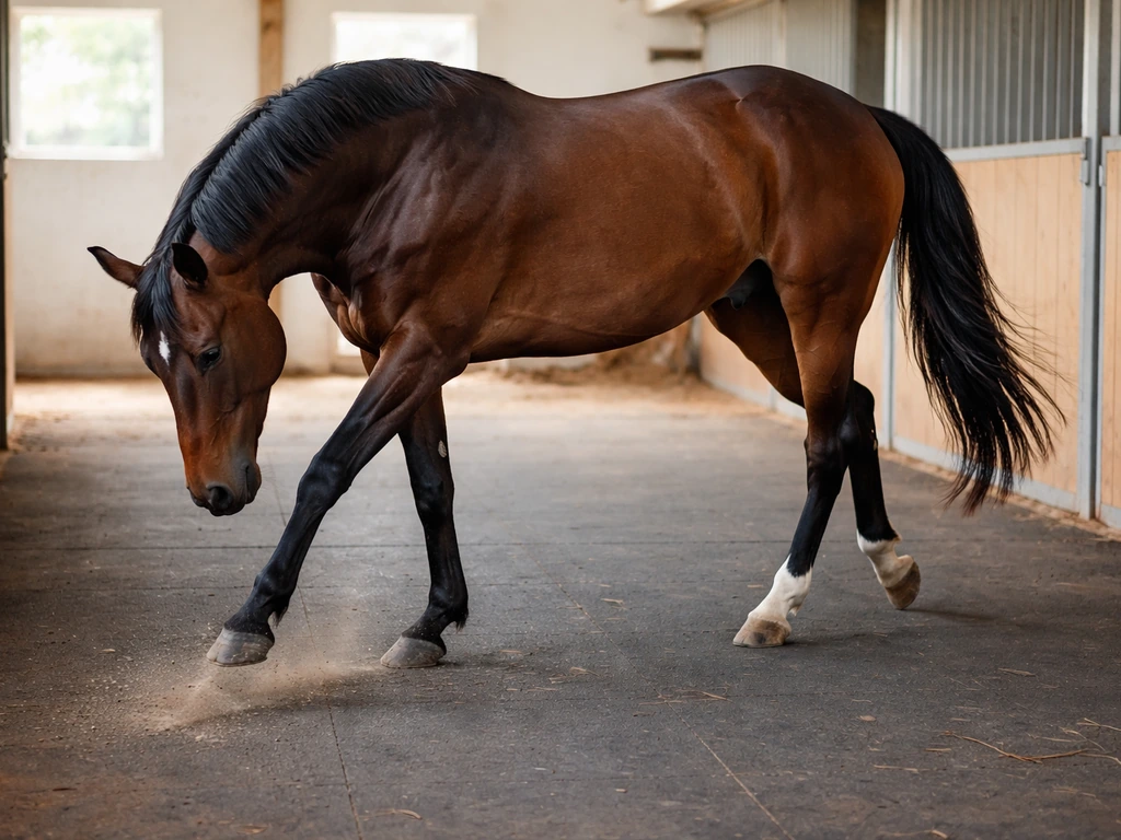 Paard in een stal met gespannen, gestrekte houding en onrustig schrapen met het voorbeen.