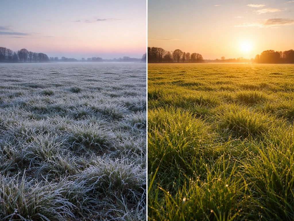 Nederlandse weide met rijp op het gras en daarna opkomend zonlicht; dauwdruppels na nachtvorst.