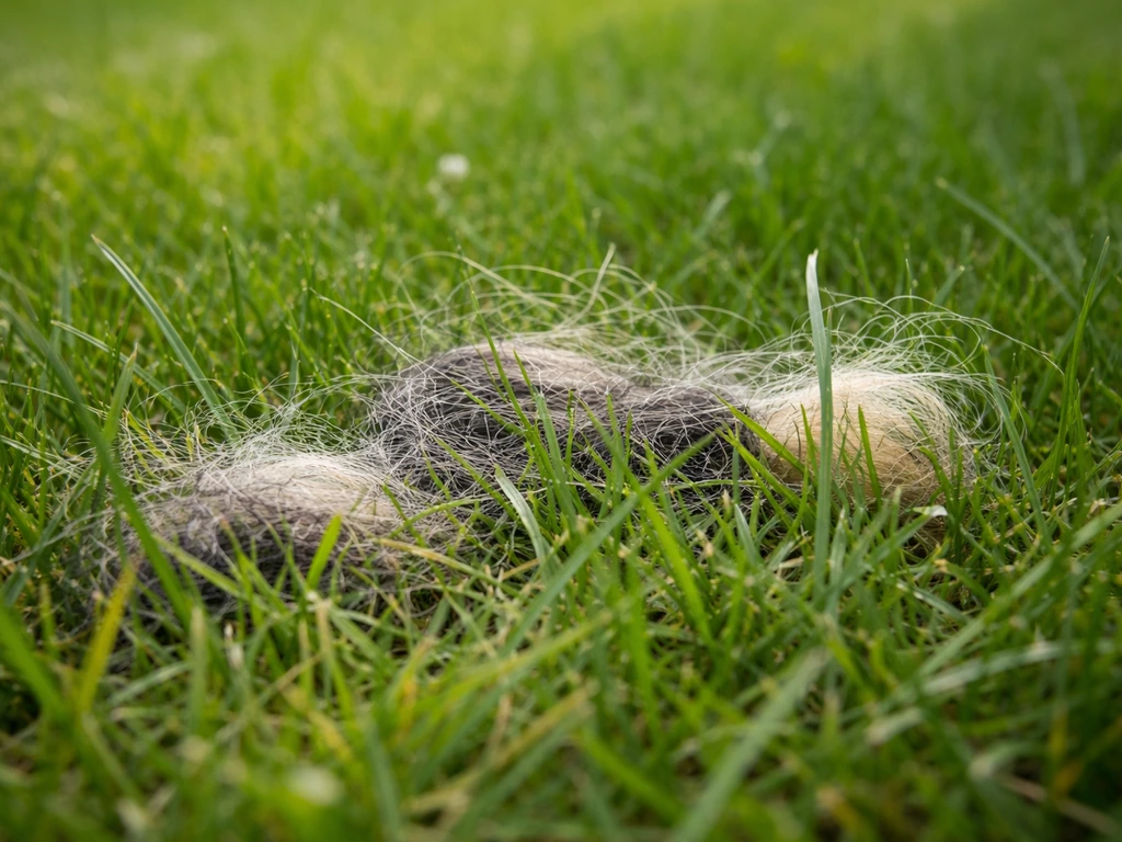 Close-up van hondenhaar tussen grassprieten op een gazon met zichtbaar begin van vilt/ophoping.