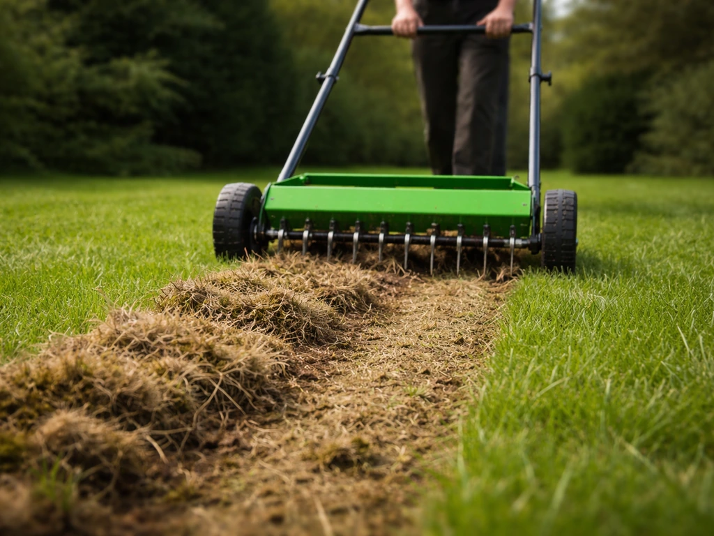 Close-up van verticuteren: messen snijden in het gazon en laten viltmateriaal zichtbaar achter.