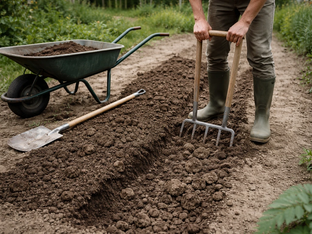 Handschep en woelvork bij een zaaibed tijdens omspitten, zichtbare zand- of kleigrondstructuur