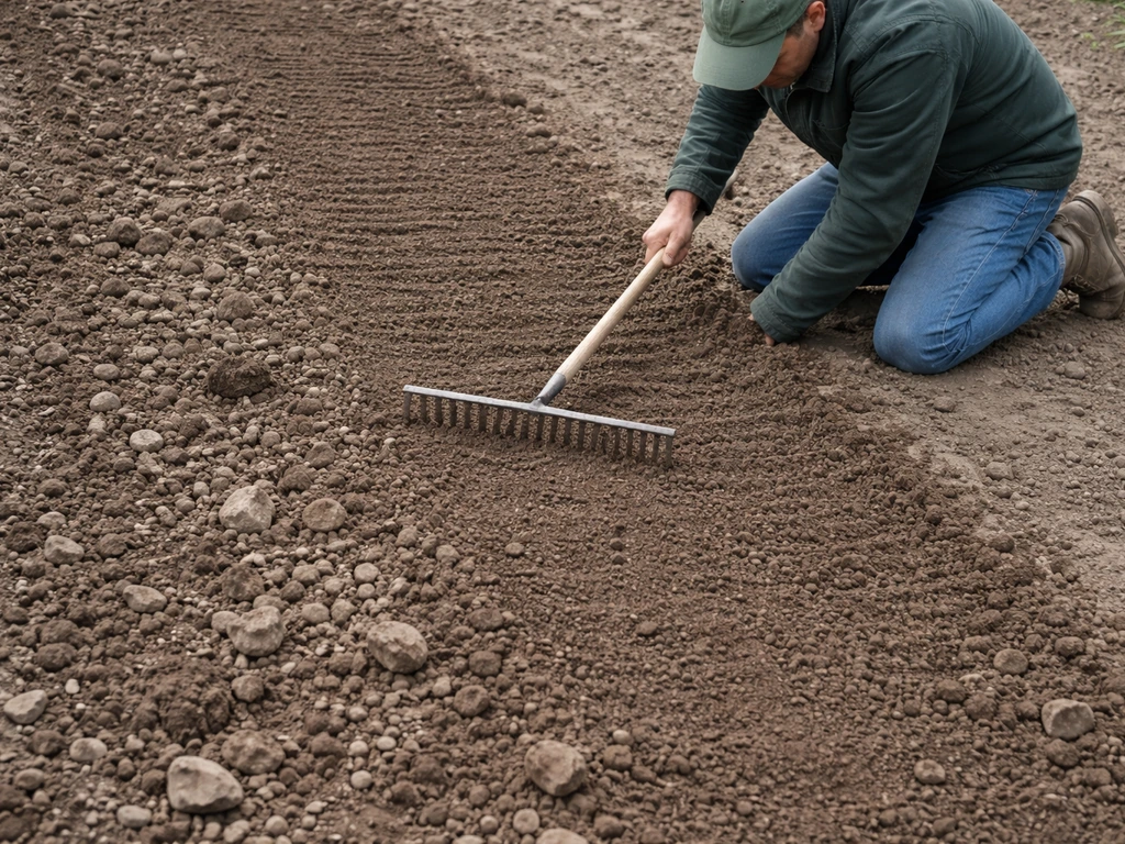Tuinier harkt een vlak zaaibed, met zichtbaar kluiten en stenen vóór het verwijderen.