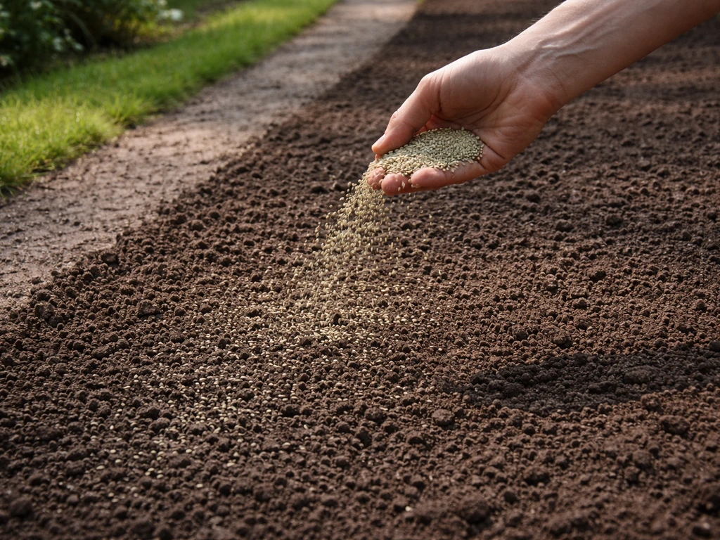 Handen strooien graszaad op een zaaibed met rechte randen voor inzaaien van een nieuw gazon.