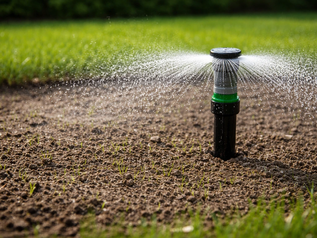 Fijne sproeier die gelijkmatig waterdruppels over vers ingezaaid graszaad verspreidt, kiemfase