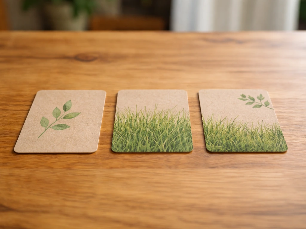 Drie naast elkaar liggende, tekstloze kaartjes met groen-gras motieven als snelle vertaalreferentie.