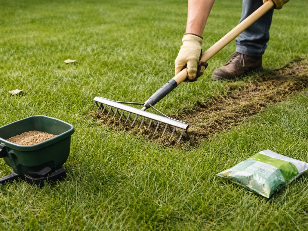 Werkende tuinier toont beluchten en verticuteren op gazon, met handstrooier klaar voor zaaien en bemesten.