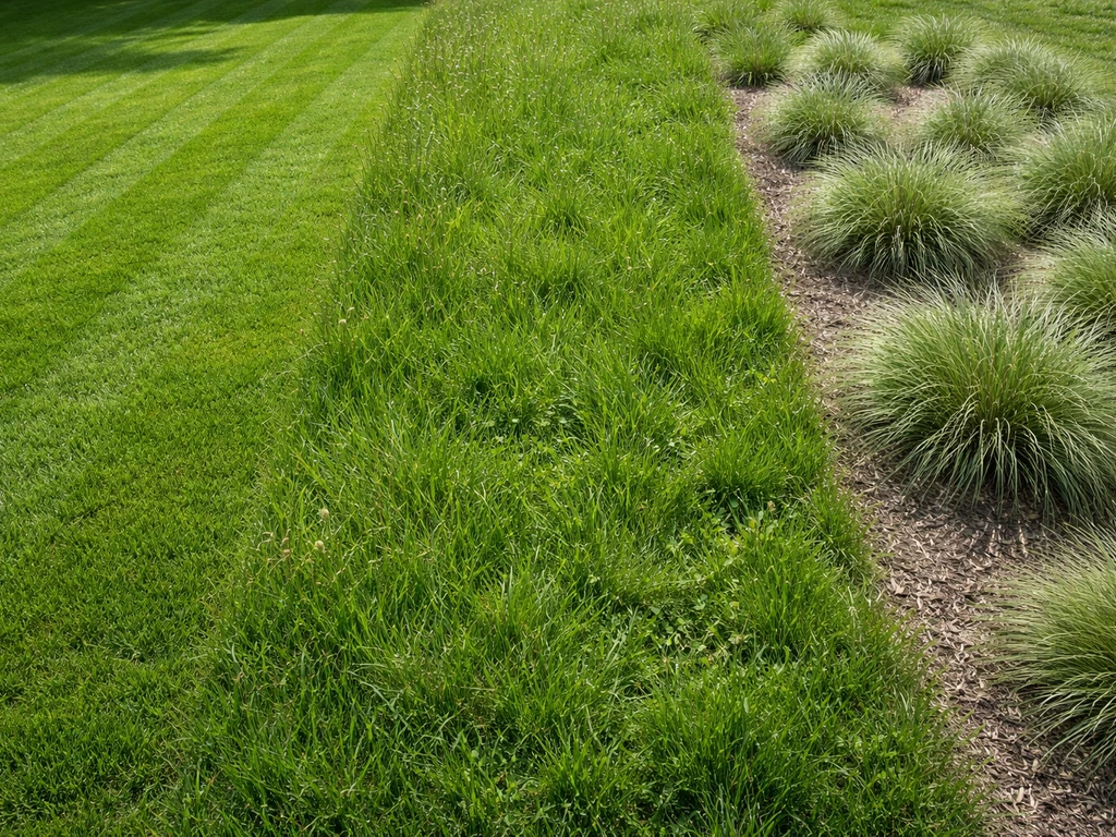 Drie stroken met verschillend tuin/grastype: strak gazon, ruige weide, en siergraspollen.