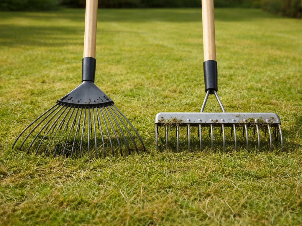 Veer-/bladhark en verticuteerhark naast elkaar op gras, met zichtbare tanden voor verschil in diepte