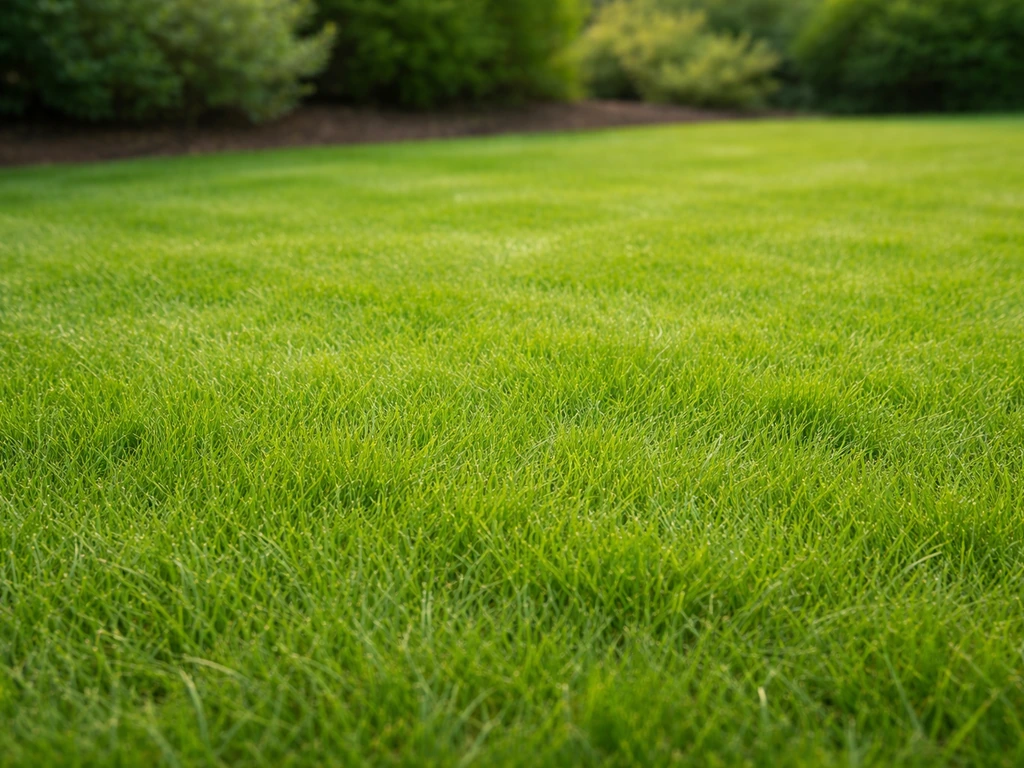 Dicht en egaal groen gazon in een Nederlandse tuin met subtiele berm op de achtergrond