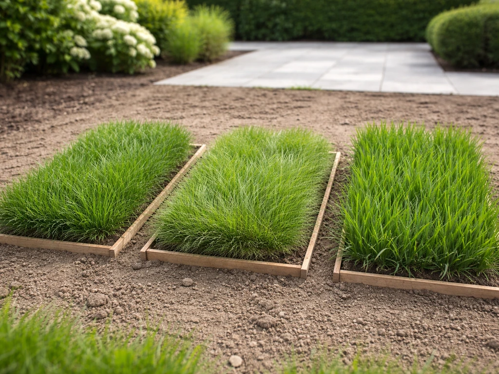 Drie naast elkaar liggende grasstroken in een Nederlandse tuin, met zichtbare textuur van verschillende soorten.
