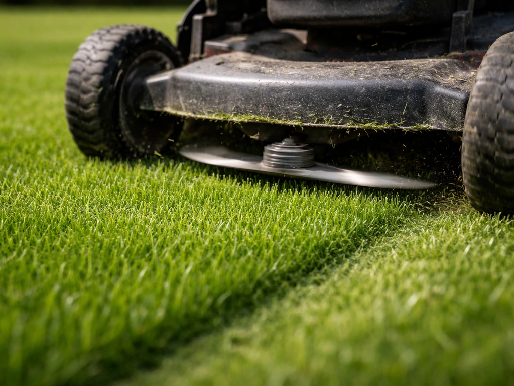 Close-up van een grasmaaier die het gras op 3–4 cm gelijkmatig afsnijdt, strak maairesultaat.