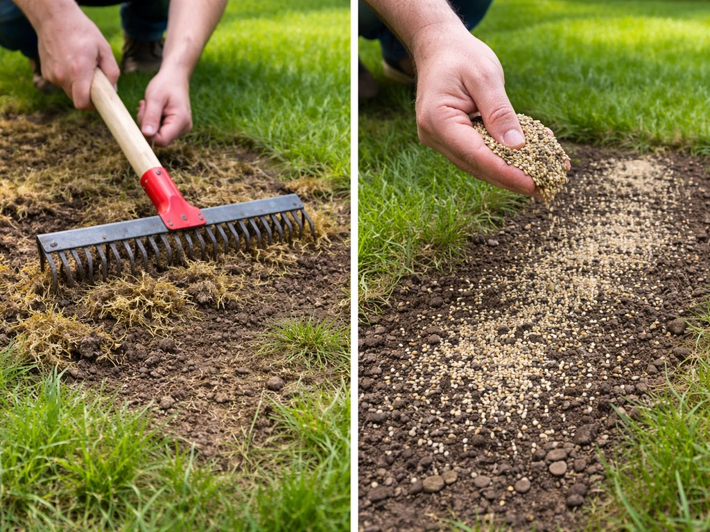 Handen met verticuteerhark en graszaad op een gazon met kale plekken, deels opengewerkt.