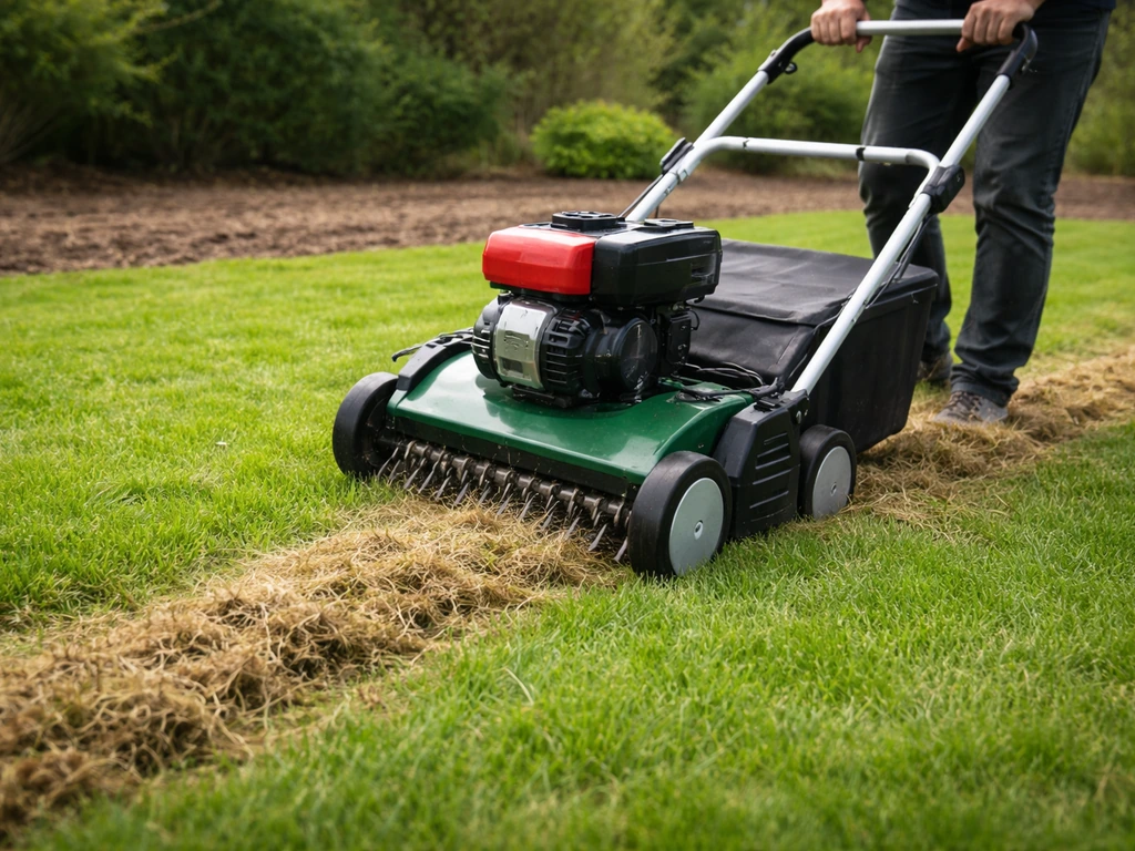 Verticuteermachine rijdt over het gazon; vilt en losse plantresten komen zichtbaar los achter de machine.