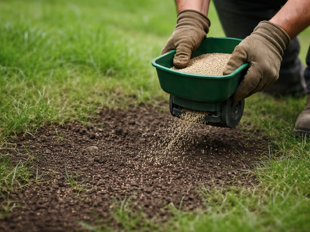Close-up van doorzaaien: hand strooit graszaad op kale plekken tussen het bestaande gazon.