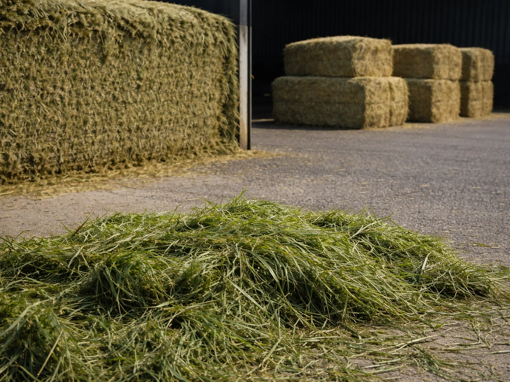 Graskuil-snijvlak, hooibalen en vers gras in één minimalistische landbouwfoto die ruwvoer laat zien.