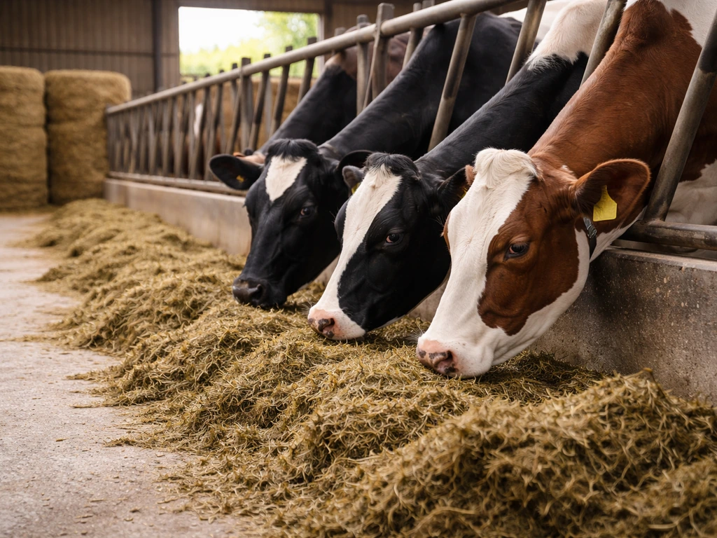 Melkkoeien op stal terwijl ze rustig ruwvoer uit een voergang eten