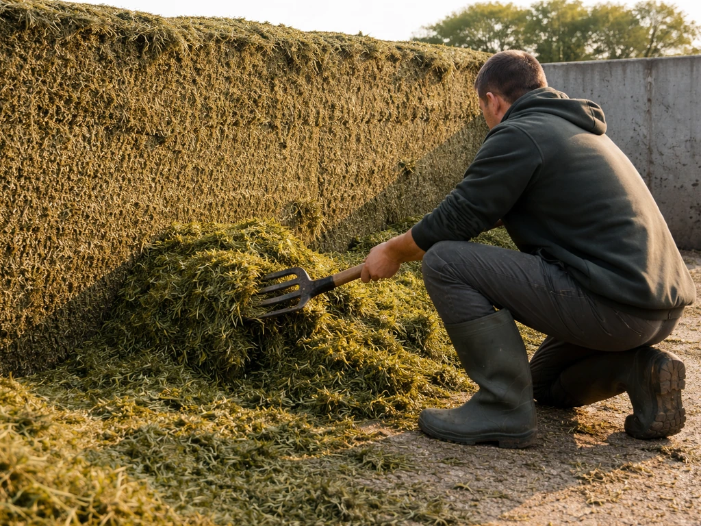 Boer met laarzen die vers ruwvoer uit een open kuil haalt, met rechte snijvlak in de achtergrond.