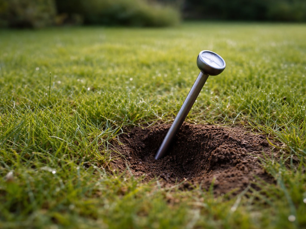 Voorjaarsgazon met bodemthermometer in de grond, vochtige bodem en zacht natuurlicht