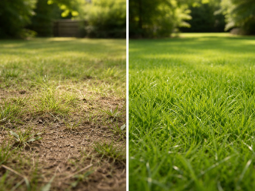 Voor en na in één foto: links dun gazon, rechts dicht en groen gras met jonge spruiten.