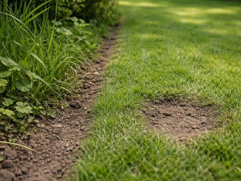 Nahaufnahme van een gazonrand met grof gras en onkruid naast een opvallende katten-krabplek
