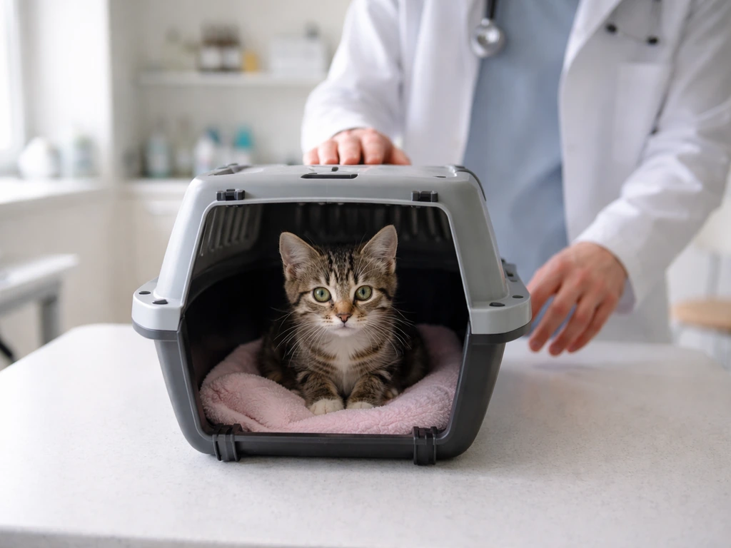 Kat in transportmand bij dierenartsconsult, dierenartsenpraktijk, sfeer van urgente zorg