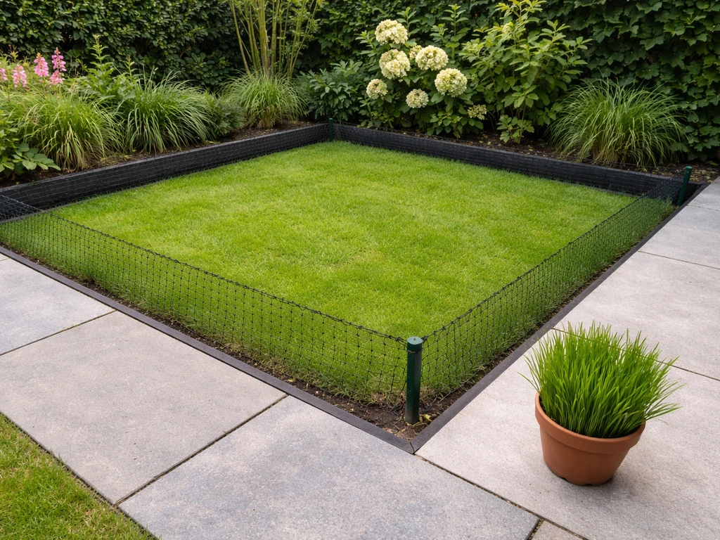 Afgebakend kat-proof gazonstuk met kattennet en een potje kattengras naast de tuinrand.