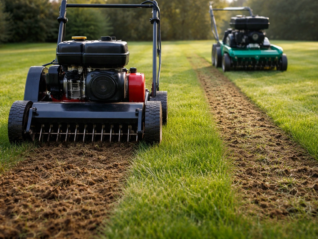 Tuinier zet verticuteermes en beluchtingsmachine in hetzelfde gazon aan het werk in de vroege ochtend.