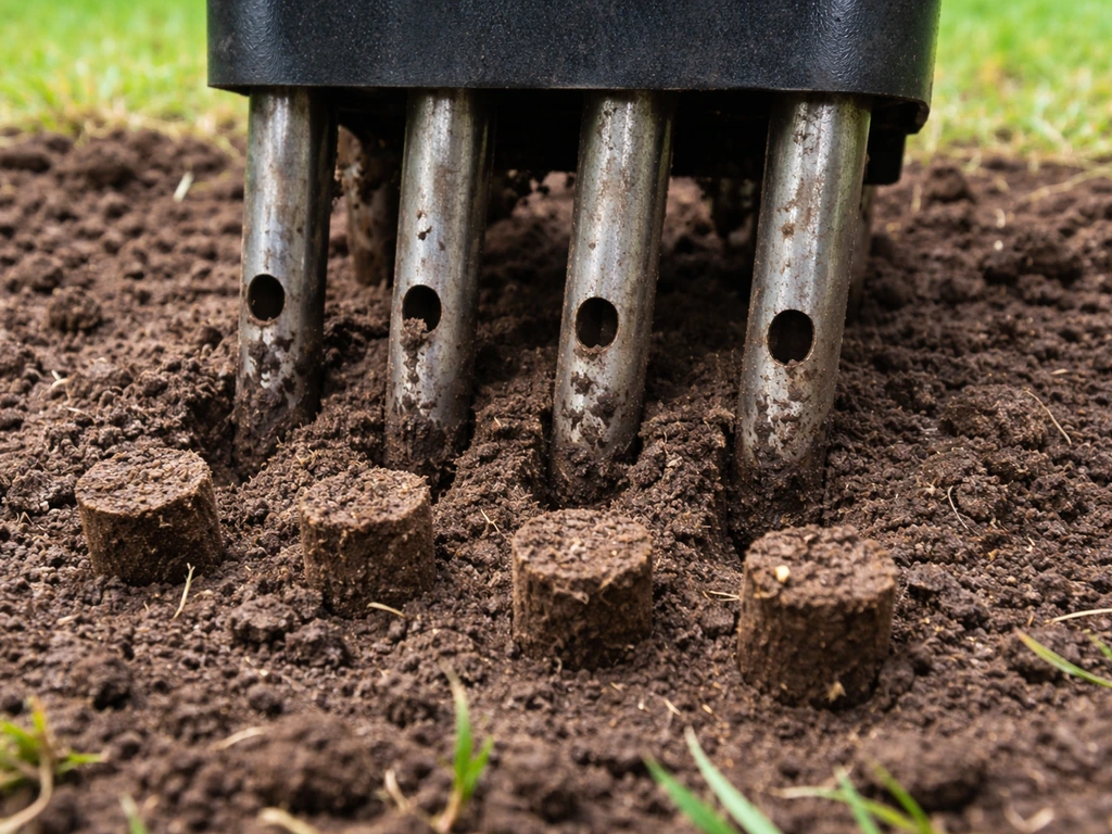 Close-up van holle beluchtingspennen met uitgeboorde plugjes aarde en zichtbare kanaaltjes in de grond.