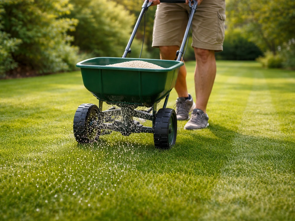 Handen en strooier die korrelige gazonmest gelijkmatig over het gras verspreidt, nette strepen zichtbaar.