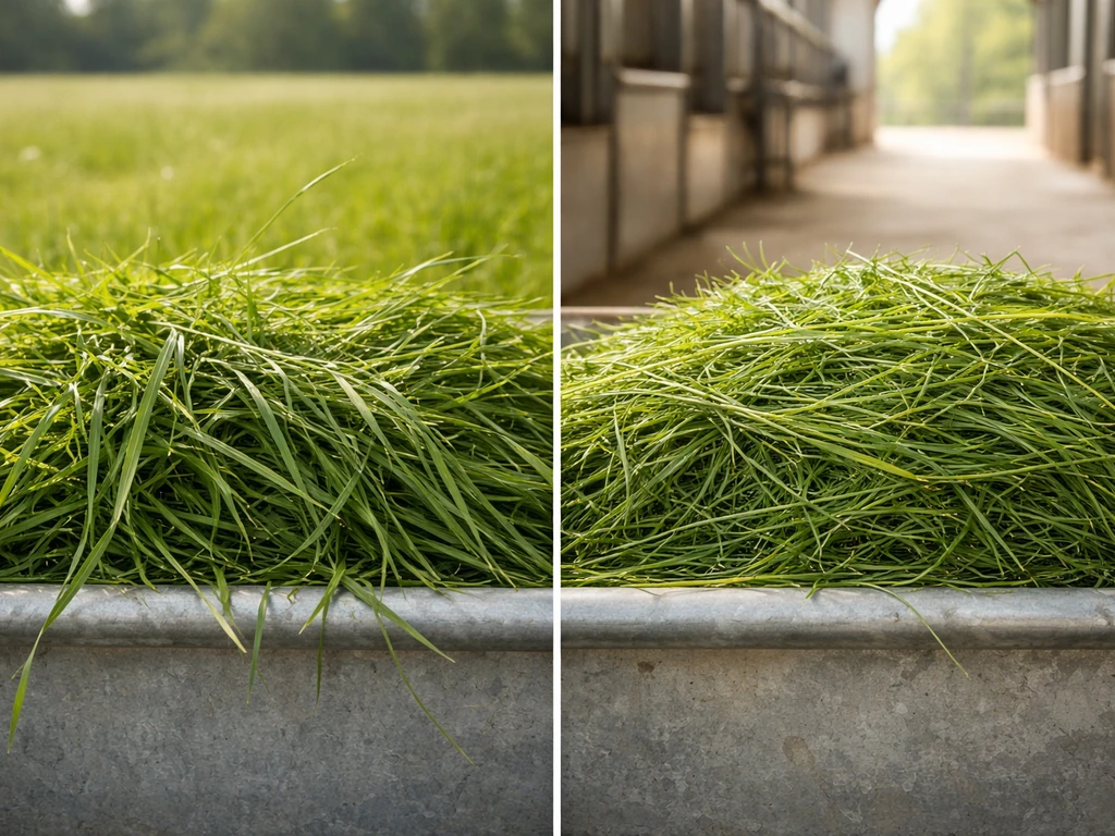 Twee voedersituaties: vers weidegras met koeienvacht in de achtergrond en vers maaigras in een stal met schone hokken.