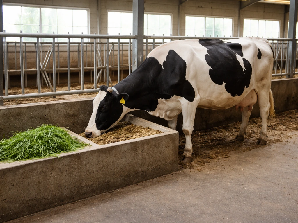 Koe in een melkveestal die stapsgewijs kleine porties vers gras krijgt naast bestaand voer