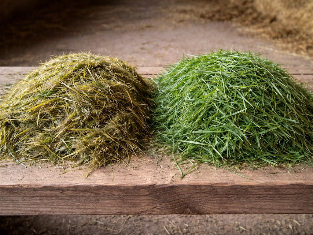 Zichtbaar verschil tussen vers, schoon maaigras en te lang gelegen gras in een voederopstelling
