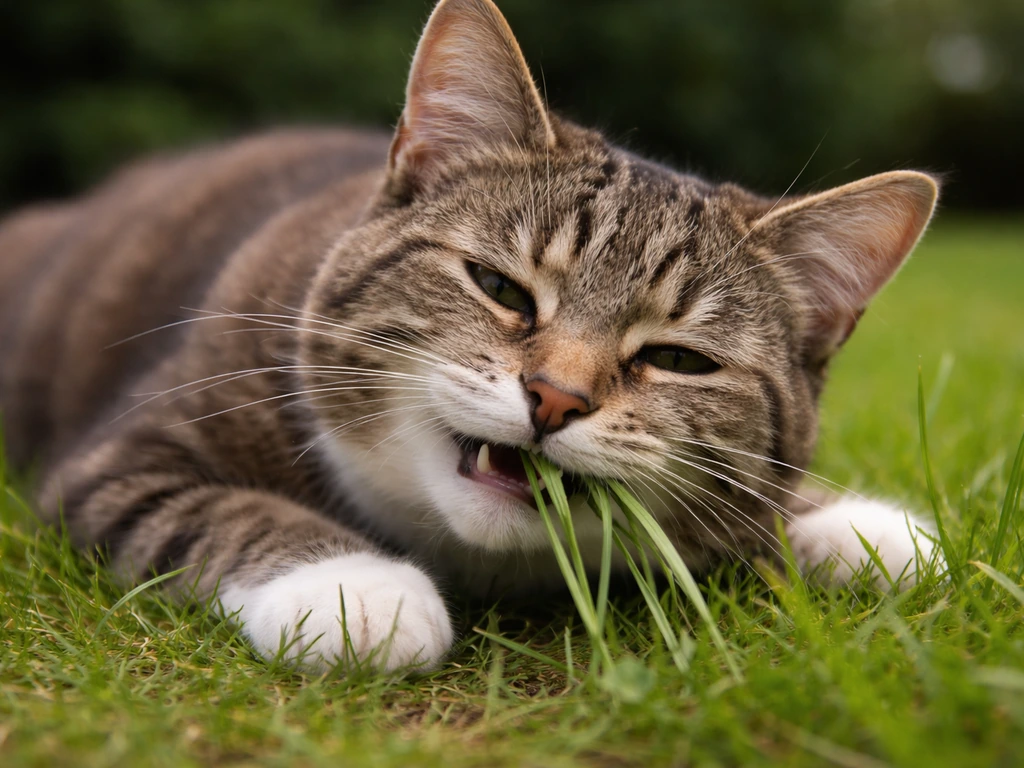 Een kat knabbelt aan grashalmen in de tuin, dicht op de grond, natuurlijk en rustig moment.