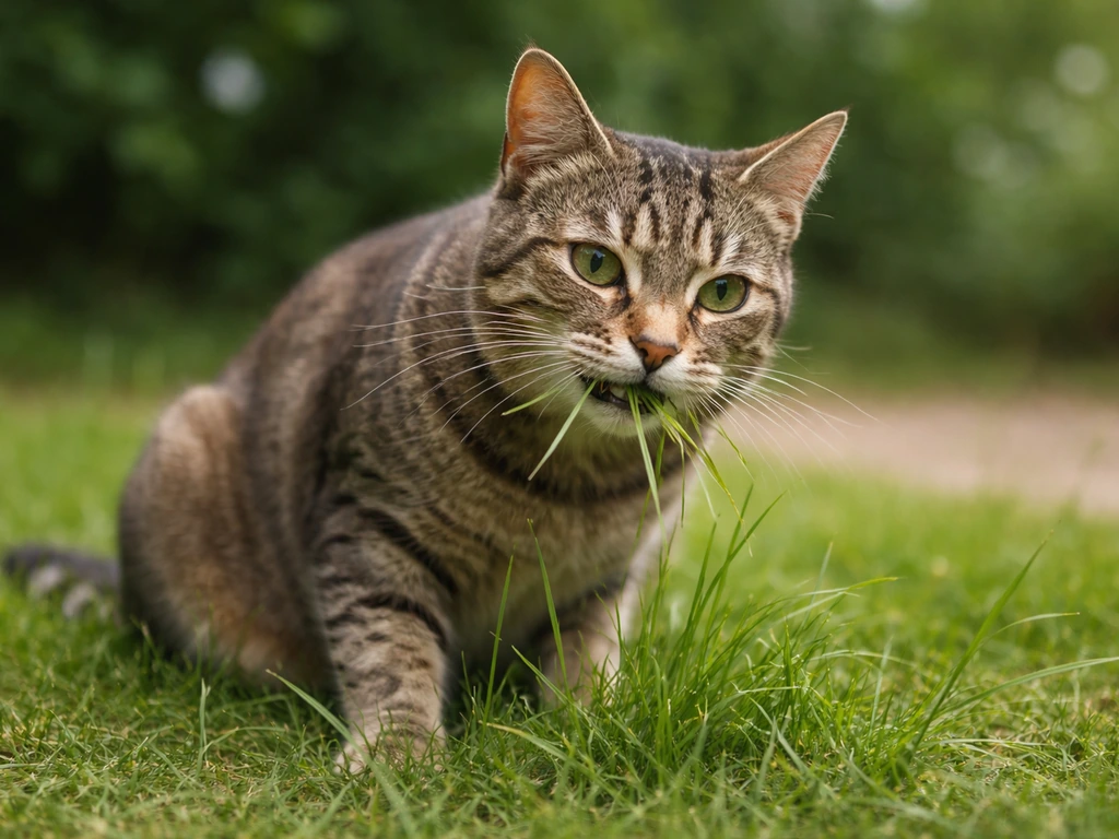 Kameraanscherpe close-up van een kat die ontspannen gras knabbelt in een rustige tuin, zonder tekenen van ziekte.