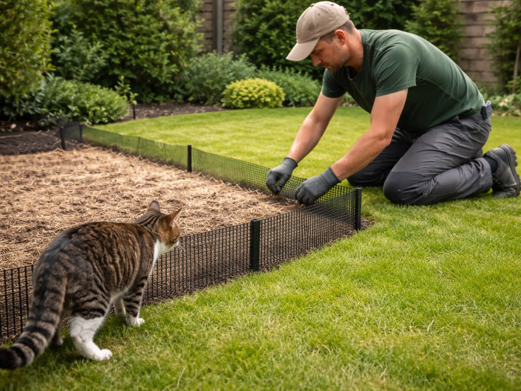 Anonieme tuinier schermt een grasgedeelte af en een kat staat op afstand bij de afbakening.