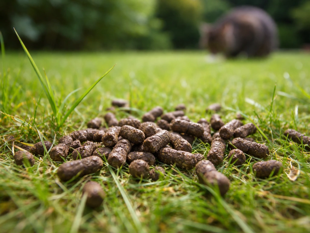 Close-up van slakkenkorrels op het gazon met een kat op afstand, zonder zichtbare waarschuwingstekst.
