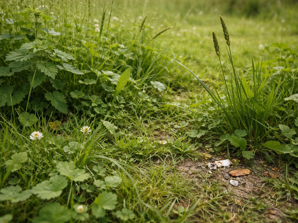 Close-up van een gevarieerde grasland/weide met onkruid en enkele mogelijk schadelijke planten tussen het gras.