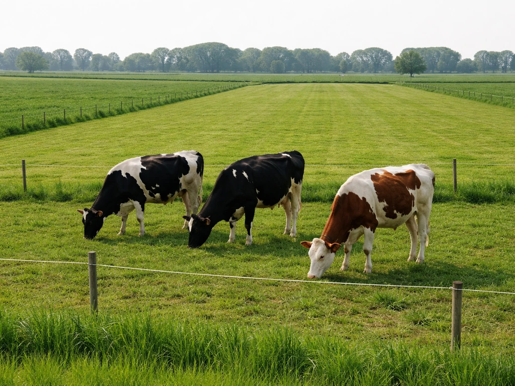 Twee koeien grazen rustig op afgebakend perceel met kleine afrastering, zicht op roterende beweiding
