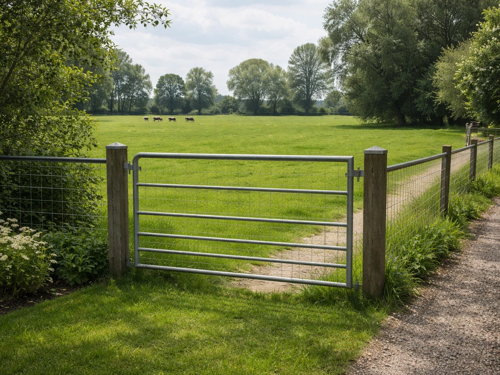 Stevige metalen omheining van ca. 1,2 meter die een weide met grazende koeien scheidt van een gazon.