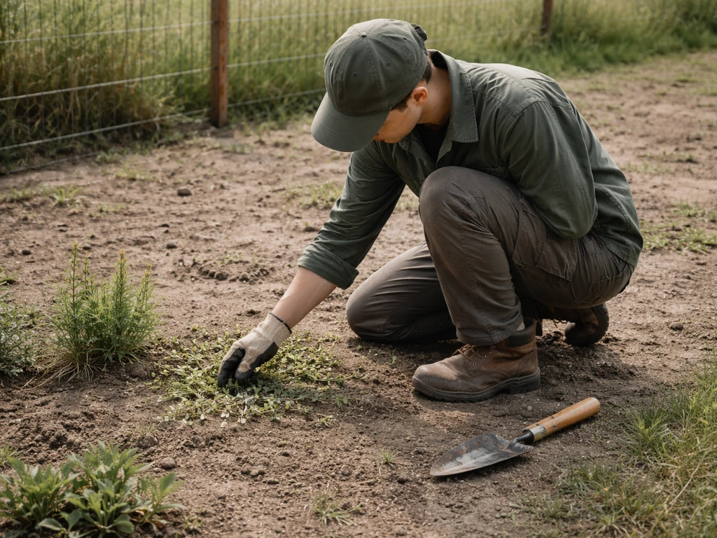 Landelijke tuin met kale plekken en een anonieme tuinmedewerker die onkruid/verdachte planten controleert