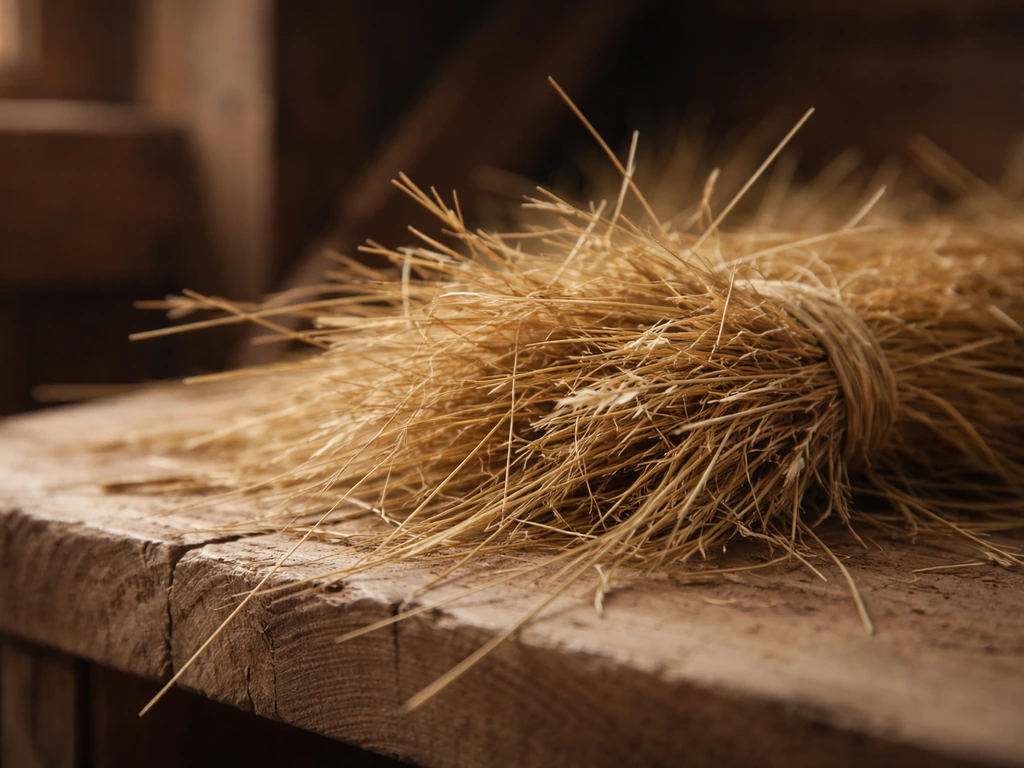 Close-up van een bundel hooi met gedroogde grasvezels op een houten plank, zacht natuurlijk licht.