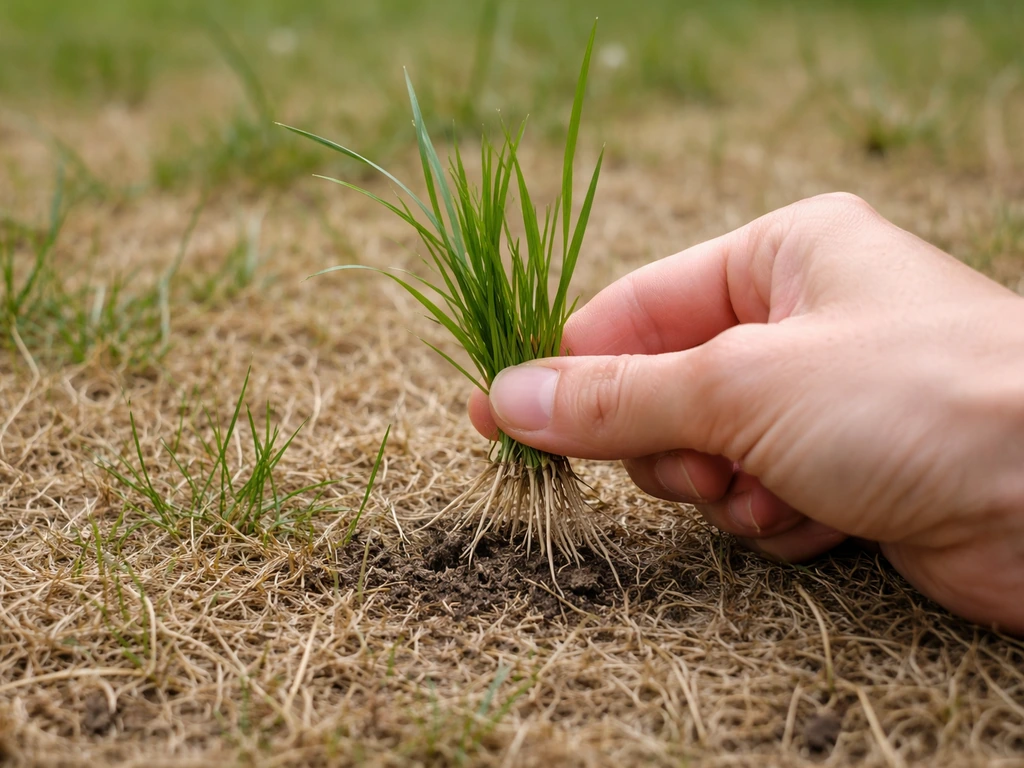 Hand trekt aan bruin grassprietjes; sommige laten los, andere blijven met wortels vastzitten.