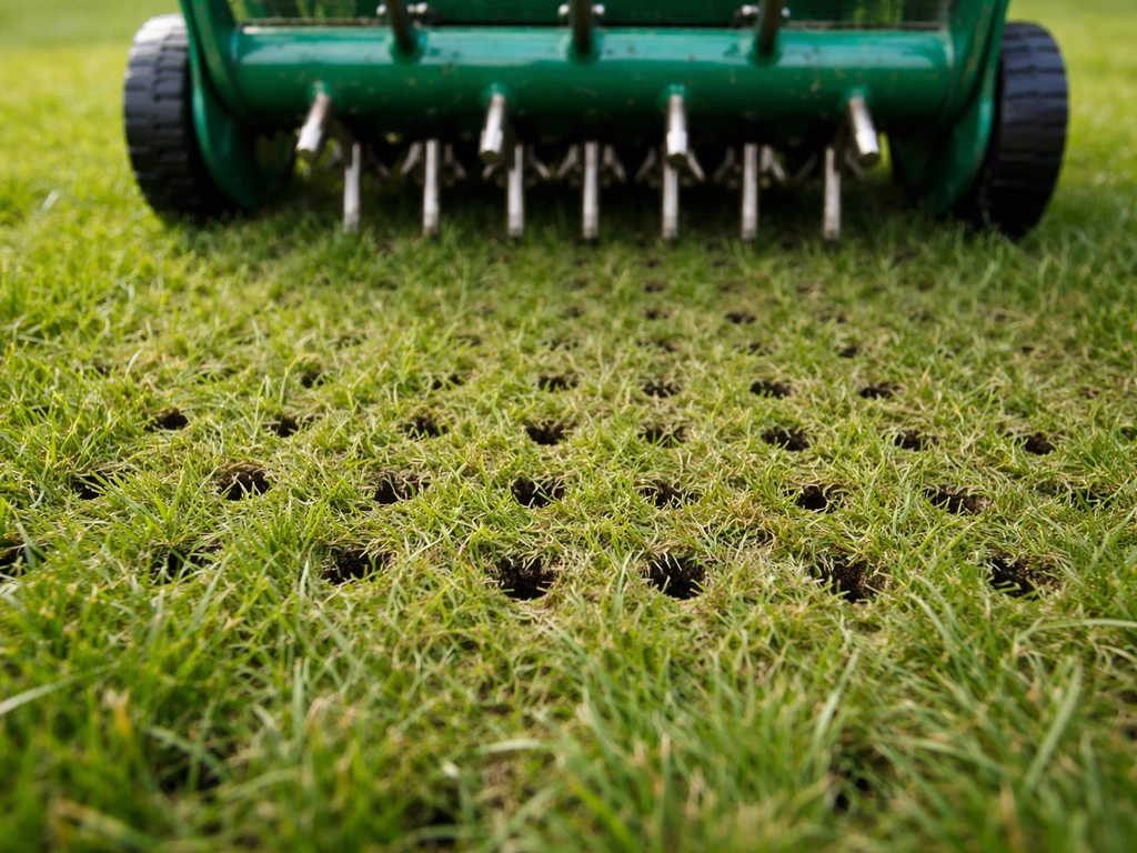 Close-up van een beluchter die gaatjes in de grasmat prikt, met aarde en gras rondom.