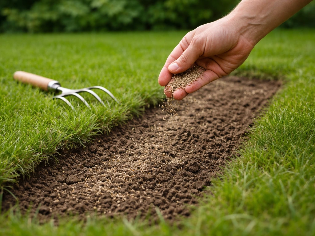 Hand strooit herstelgraszaad over een losgemaakte kale plek in het gazon, met handvork naast de strook.