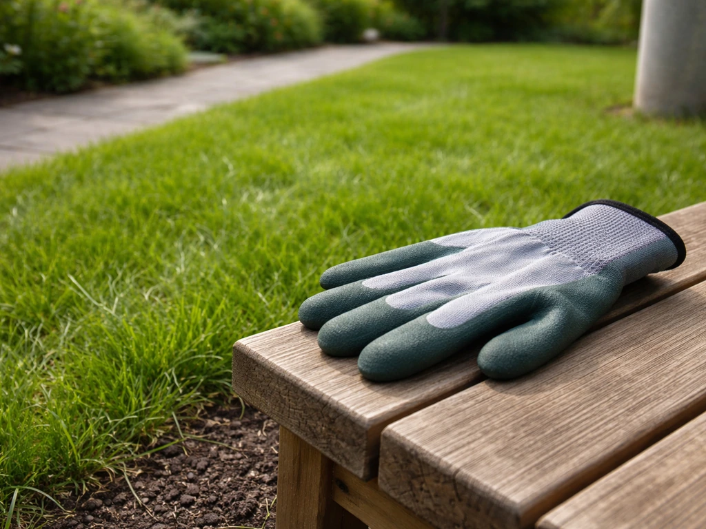 Close-up van groen gazon en tuiniershandschoen in een rustige tuin, zonder tekst of labels.