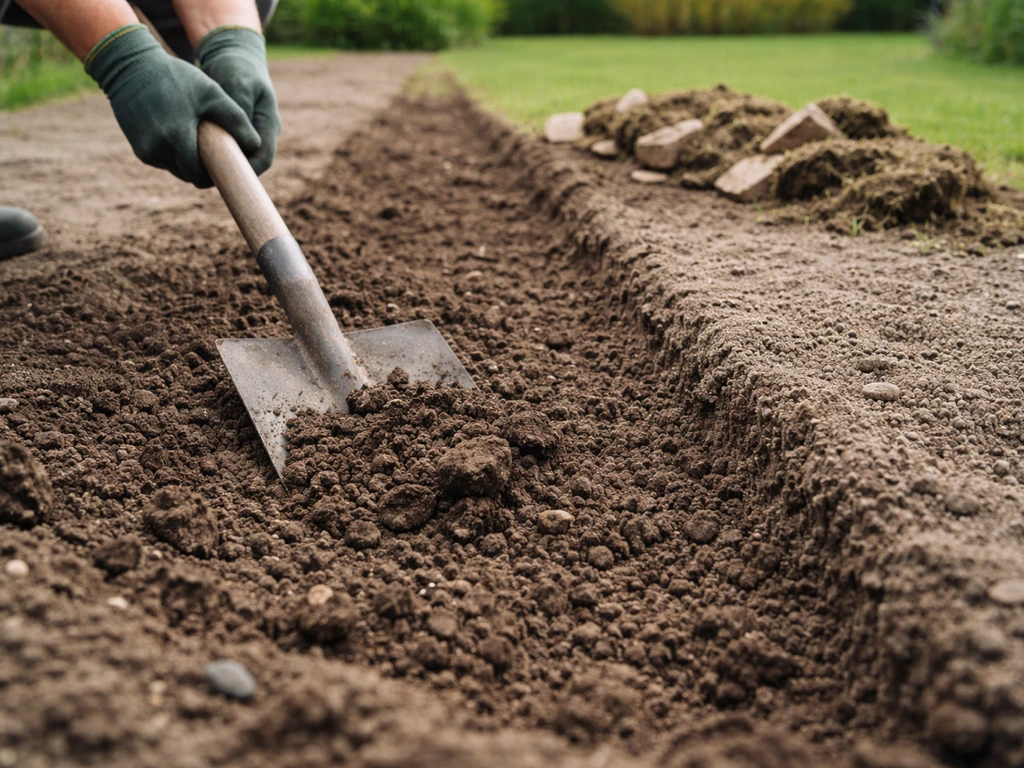 Losgemaakte tuinbodem voor een nieuw gazon, met schop/spade in de grond en oude grasresten zichtbaar.