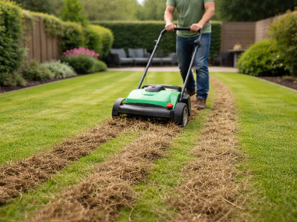 Persoon duwt een verticuteermachine over het gazon, met opengetrokken grasvilt zichtbaar tussen de banen.