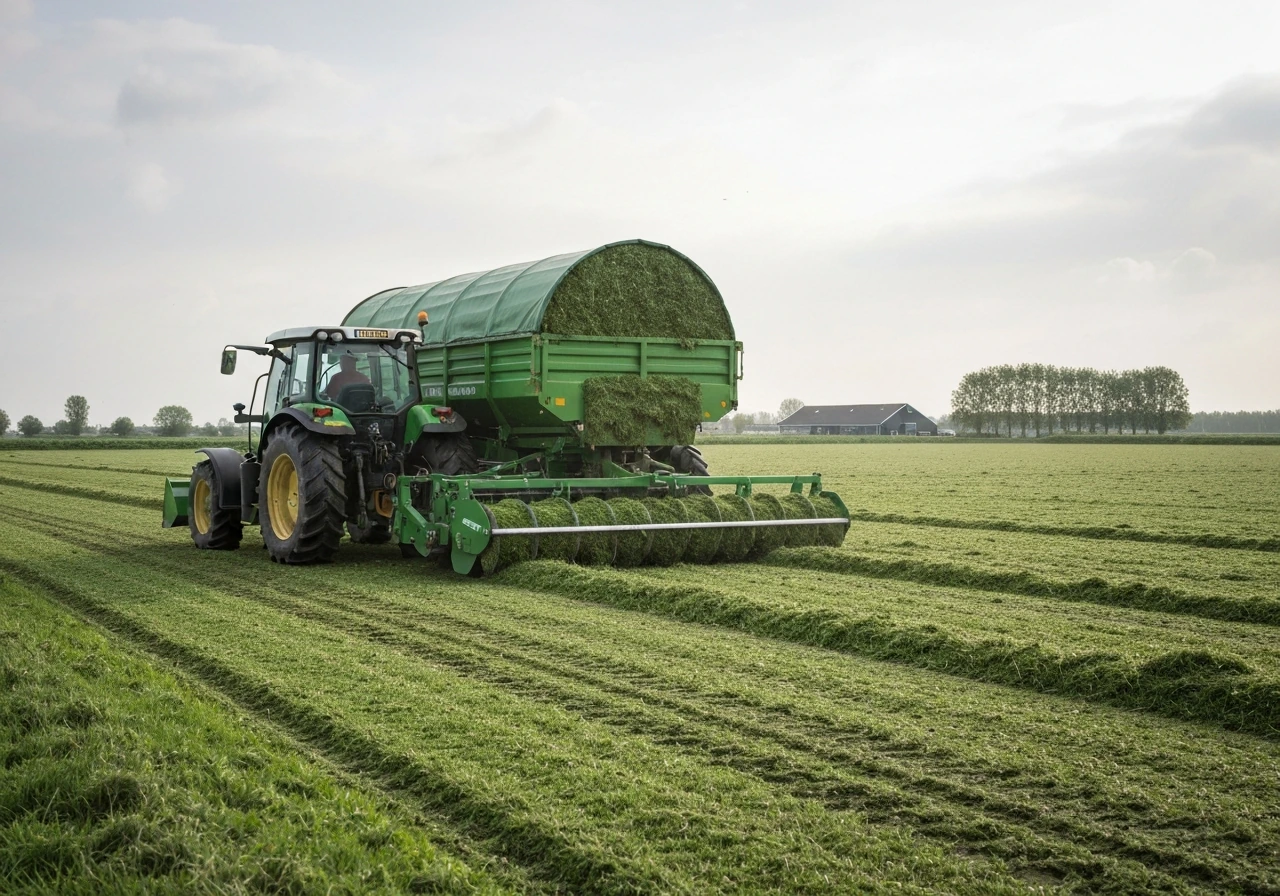 Boerenerf met graskuil in gebruik: tractor legt gras in de kuil en folie sluit de inkuilplek af