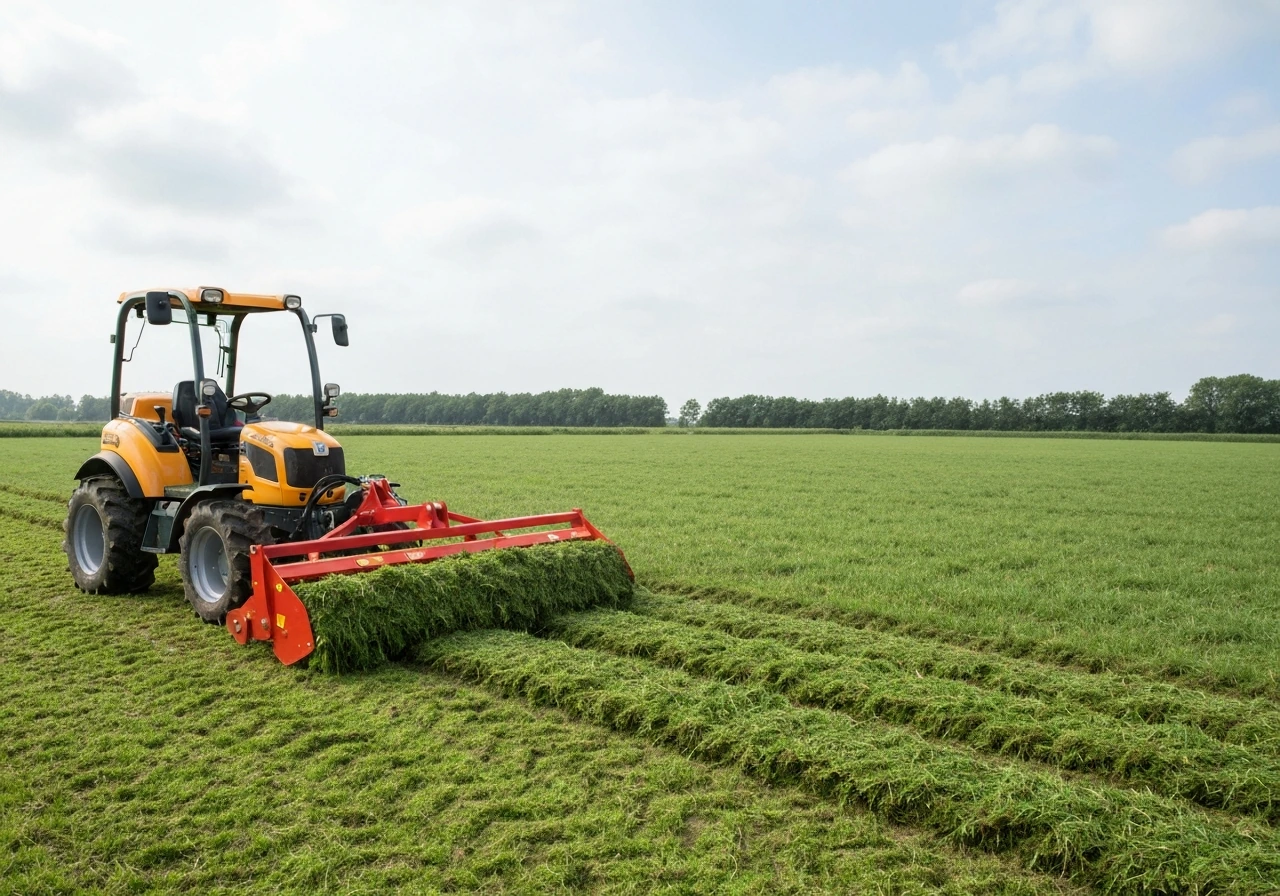Maaier met kneuzer op het erf, met vers drogend gras in zwad klaar voor inkuilen.