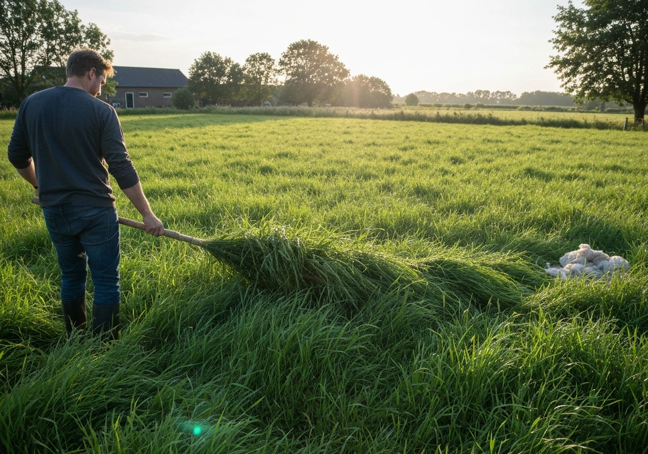 Droog, net gemaaid gras dat in zwaden wordt geschud en geharkt in zonnig weer.